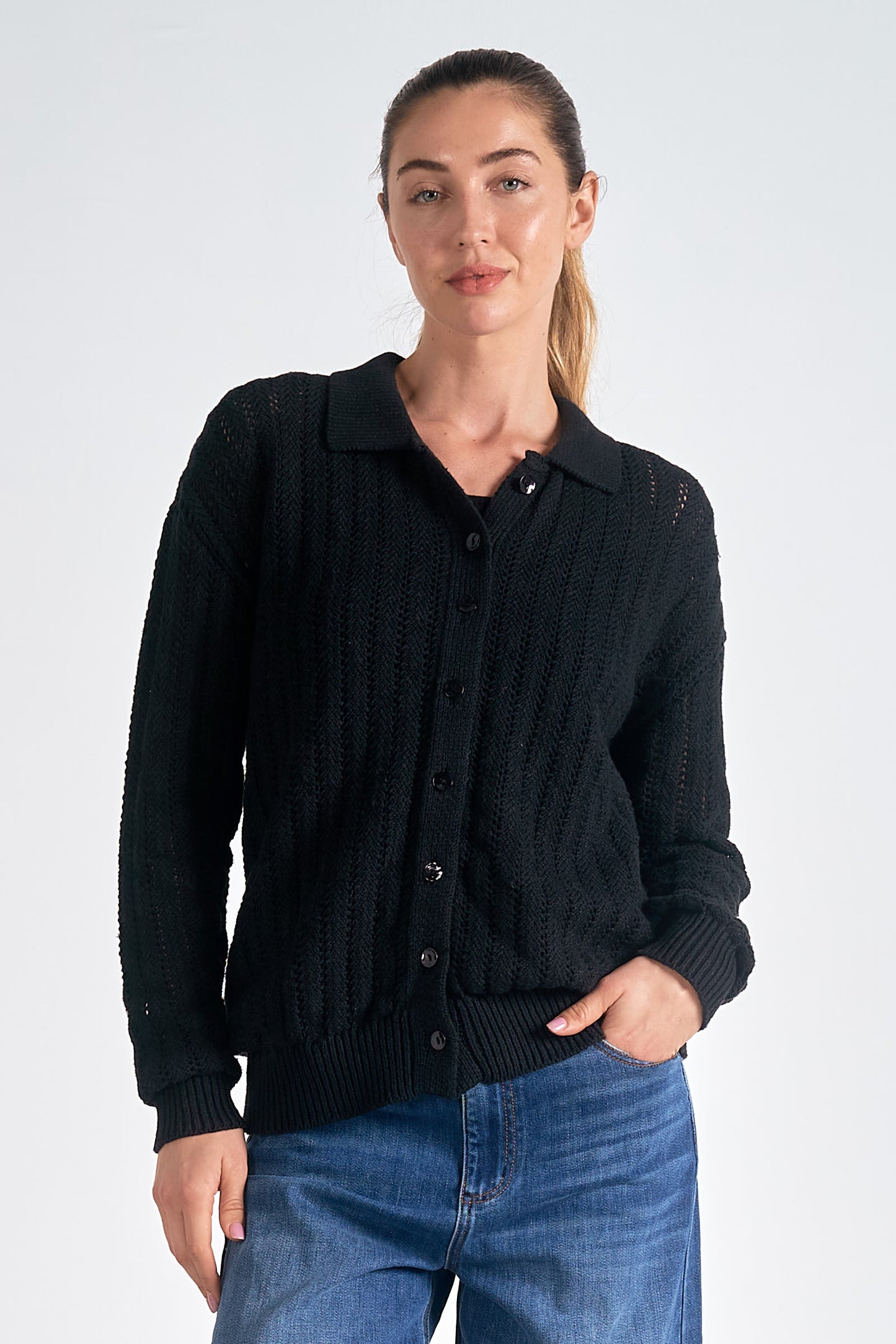 ELAN Sweater Cardigan BUTTON DOWN IN BLACK