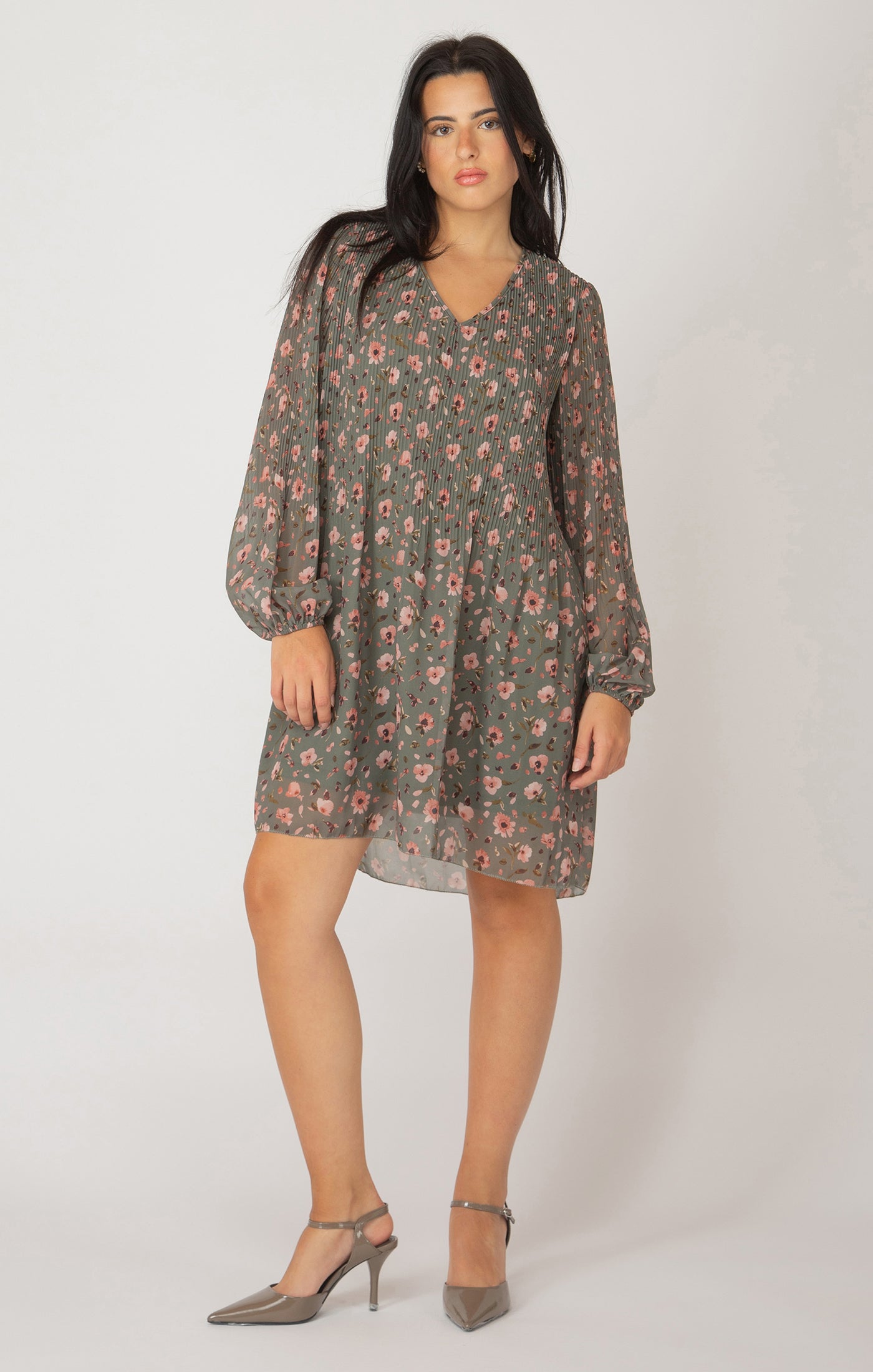 DEX LS PLEATED A-LINE DRESS IN GREEN FLORAL
