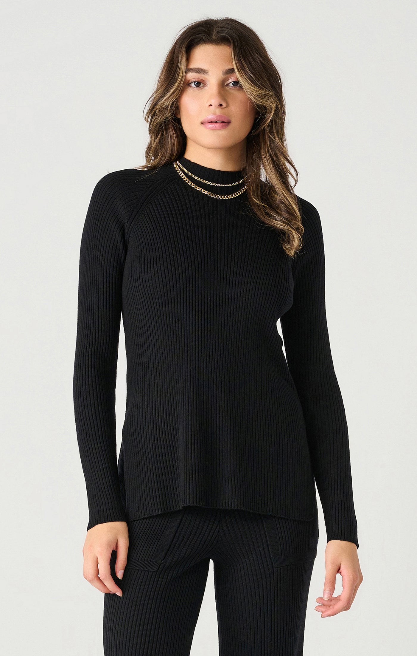 DEX LS MOCK NECK RIBBED TUNIC SWEATER IN BLACK
