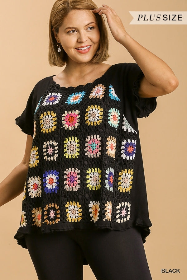 PLUS Linen Blend Round Neck Color Crochet with Ruffle Short Sleeves with Lining