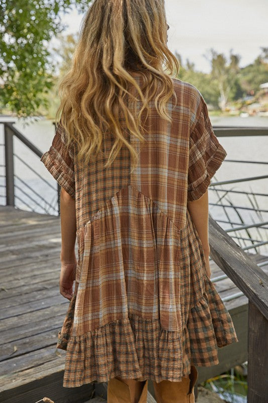 Woven Cotton Yarn Dye Mixed Plaid Pattern V-Neck Short Sleeve Mini Dress With Lining