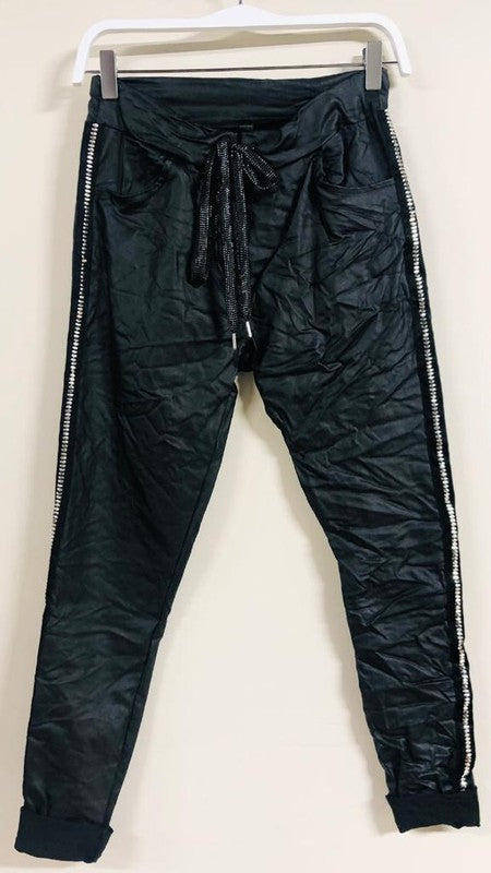 PU CRINKLE JOGGER WITH FLAT STUD SIDE STRIPE SHIMMER DRAWSTRING