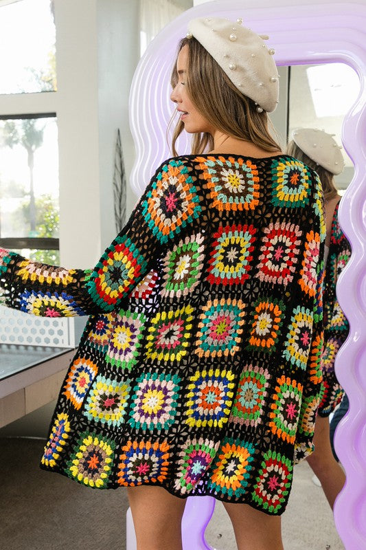 HANDMADE GRANNY SQUARE CROCHET CARDIGAN IN BLACK