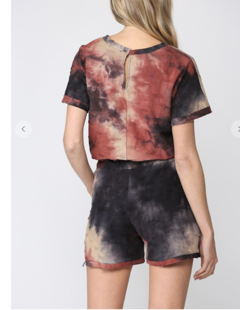 Elastic waist with drawstring, distressed tie dye romper