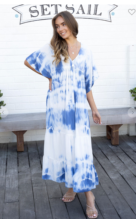 BOHEMIAN TIE DYE BOTTOM RUFFLE MAXI DRESS DENIM BLUE