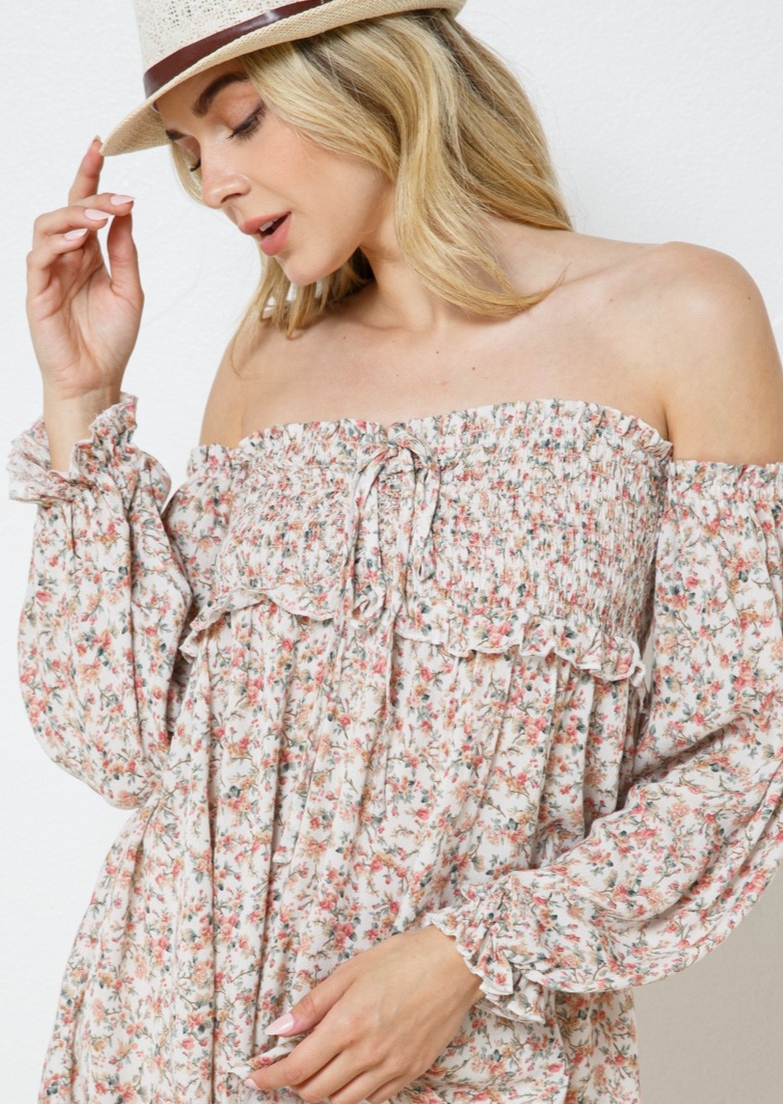 Off the Shoulder Smocked Cinched Front Tie Top