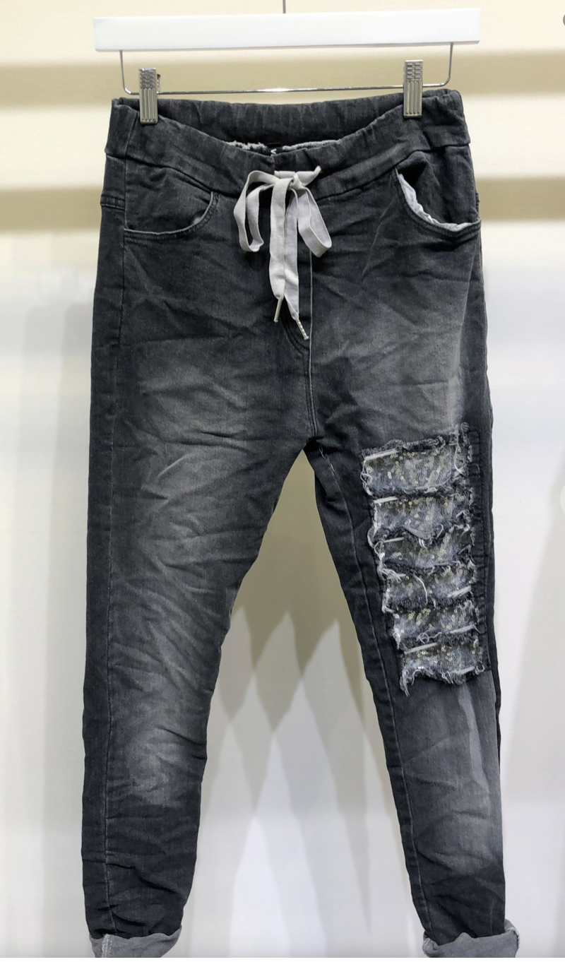 SEQUIN KNEE PATCH CRINKLE JOGGER CHARCOAL GREY