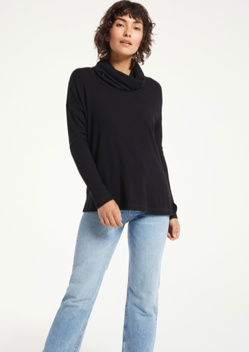 Z SUPPLY JAZIAH RIB COWL NECK TOP in BLACK