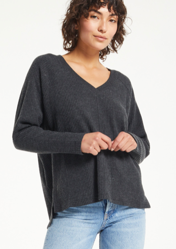 Z SUPPLY ANSEL BRUSHED WAFFLE THERMAL TOP IN BLACK