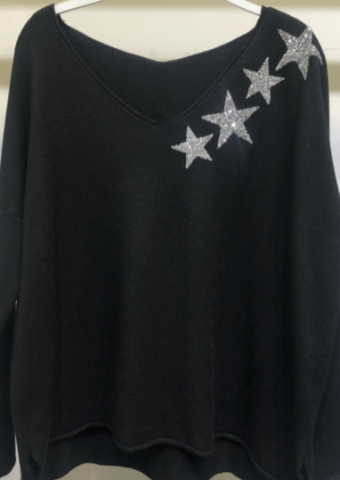 RHINESTONE STAR V NECK LONG SLEEVE SWEATER 8036 RSTONESTAR- ONE SIZE