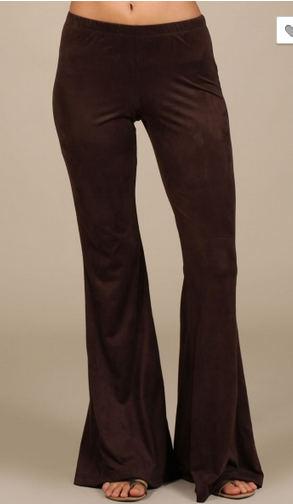 BROWN Suede knit bell bottom pants with elastic waist.