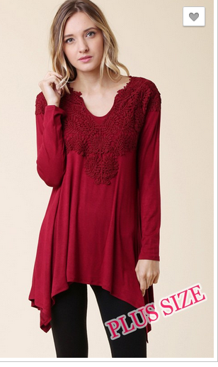 PLUS SIZE LONG SLEEVE SHARK BITE SOLID TOP WITH CROCHET TRIM