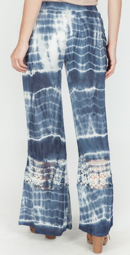 TIE DYE CROCHET LACE PANELED BELL BOTTOM PANTS in BLUE