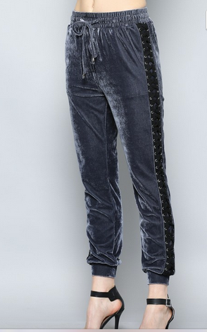 VELVET JOGGERS WITH SIDE LACE UP DETAIL