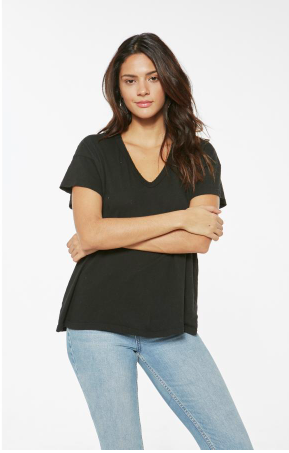 PROJECT SOCIAL T Rex Distressed V-Neck IN BLACK AND CAPERS