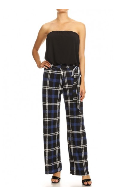 Strapless jumpsuit in a relaxed fit, with a solid bodice, cinched waist, waist tie, and plaid pants with wide legs.