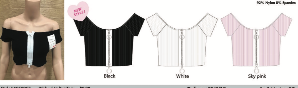 SUZETTE WIDE RIB CHUNKY ZIPPER OFF SHOULDER CROP IN BLACK, PINK WHITE