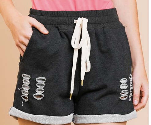 High Waist Heathered Rolled Shorts with Elastic Waist with Tie and Destroyed Details