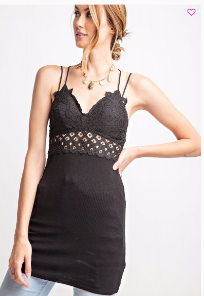 BRALETTE TANK TOP RIBBED CONTRAST TUNIC -CROCHET LACE DESIGN