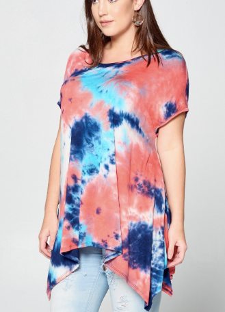 PLUS Loose-fit trapeze knit top featuring a tie dye print, round neckline, short sleeves, and a sharkbite hem.