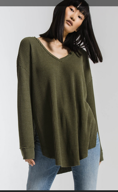Z SUPPLY THE WAFFLE THERMAL TUNIC TOP IN BLUE, CHAMPAGNE AND ROSIN