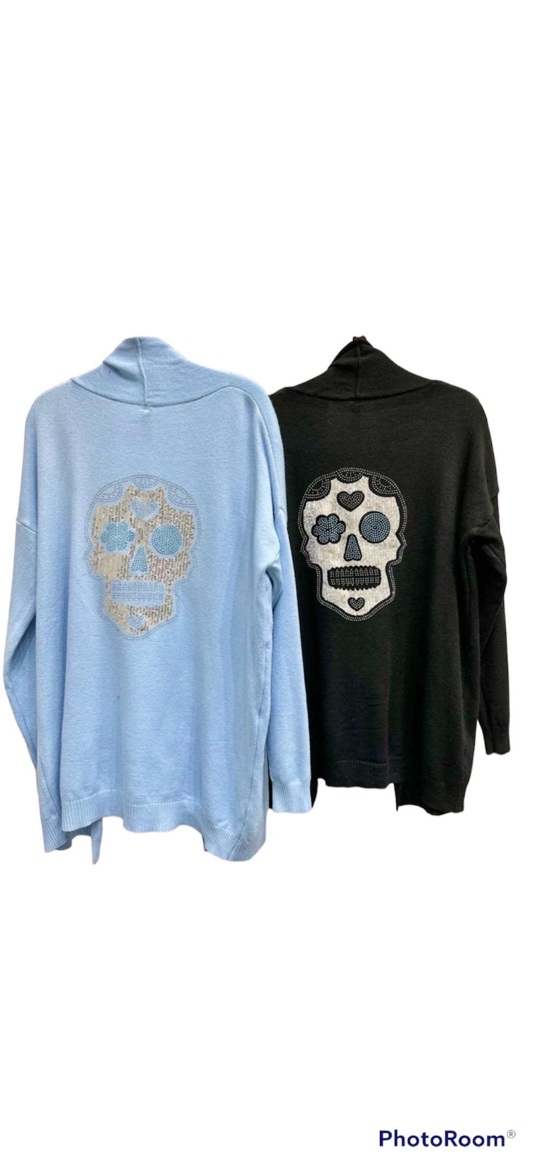 SEQUIN SKULL SHAWL COLLAR CARIGAN IN BLACK OR WHITE O/S