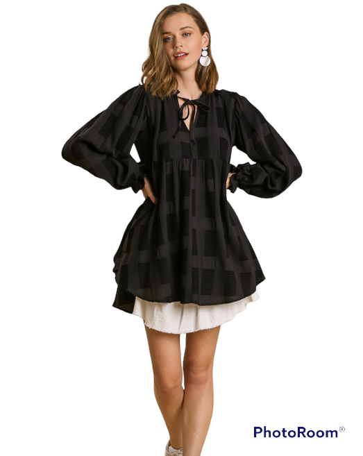 Chenille Split Neck Tie Front Long Sleeve Babydoll Dress IN BLACK Chenille Split Neck Tie Front Long Sleeve Babydoll Dress IN BLACK