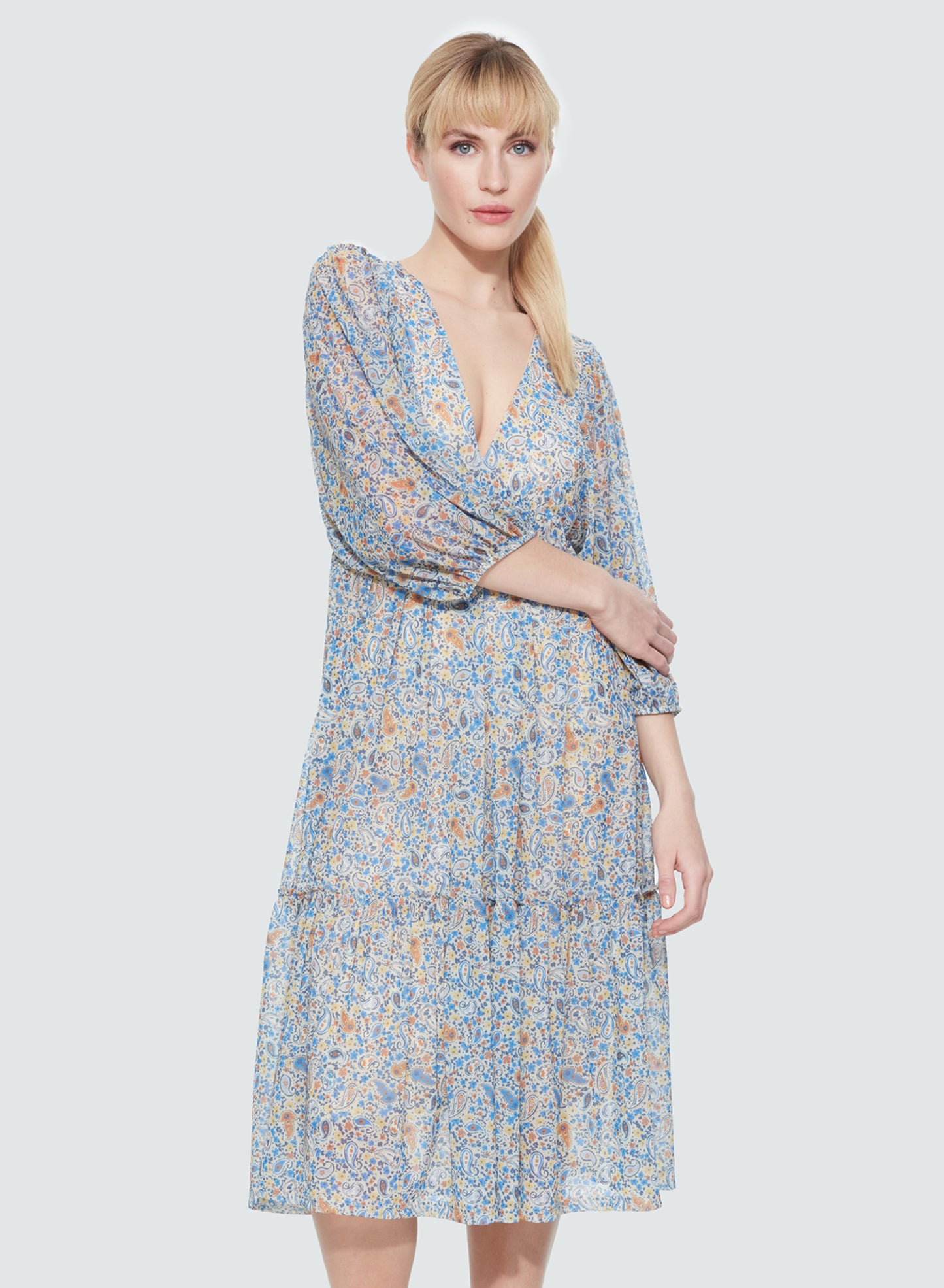 DEX SP23 MESH TIERED DRESS BLUE ORANGE PAISLEY