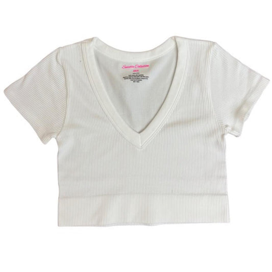 SUZETTE S/S Ribbed Deep V-neck Crop Top IN WHITE