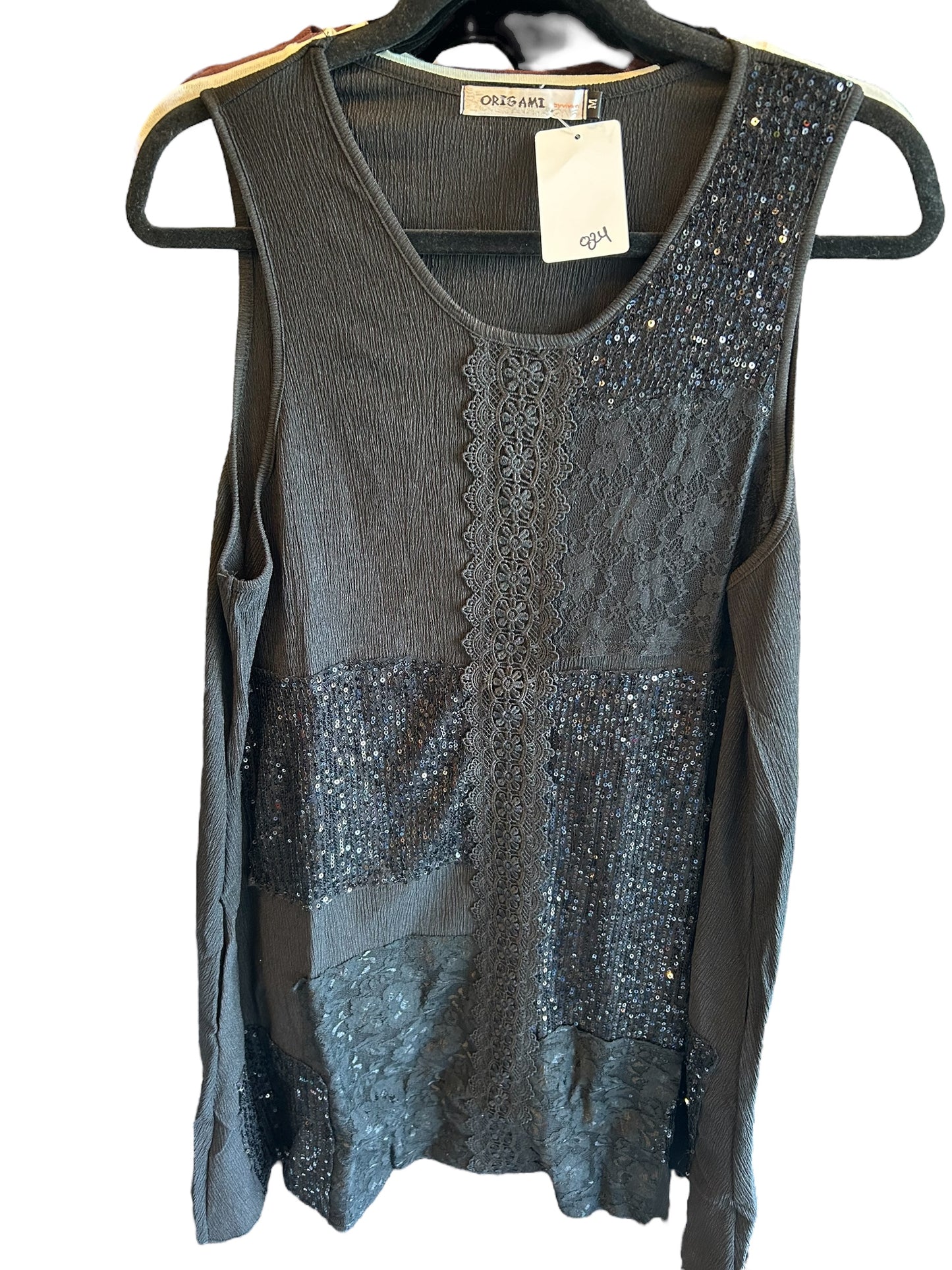 BLACK SLEEVELESS TUNIC WITH LACE AND SEQUINS