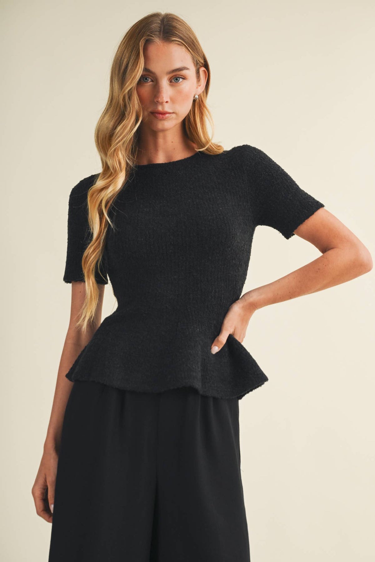 Textural Bouclé Knit Peplum Pullover