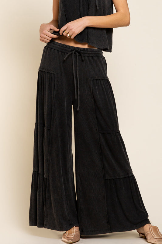 BLACK RIBBED LOOSE WIDE PANTS