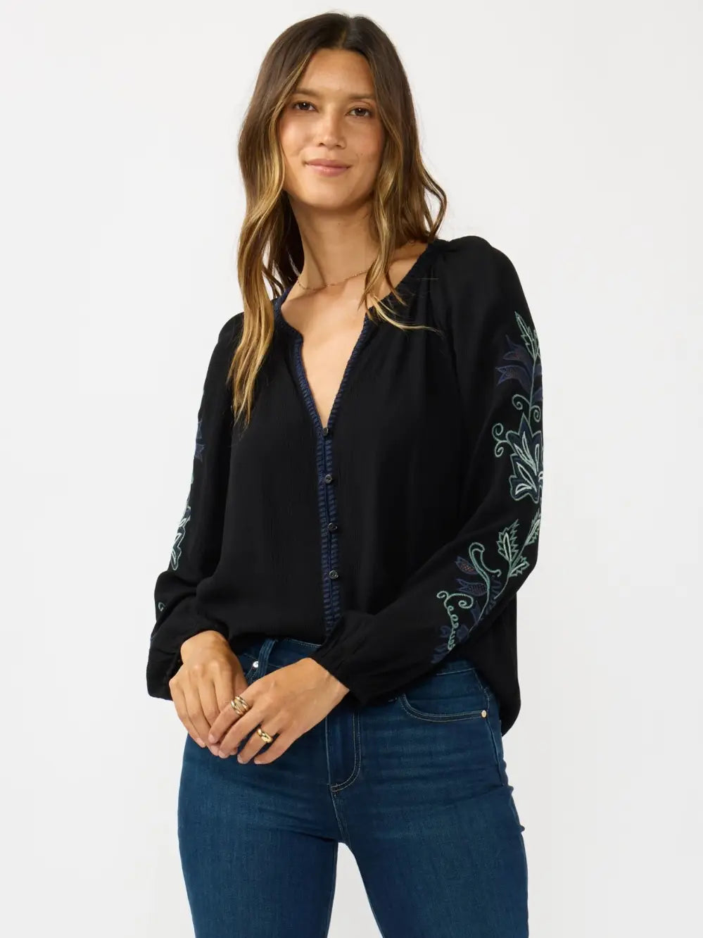 Embroidered Sleeve Button Down Blouse IN BLACK