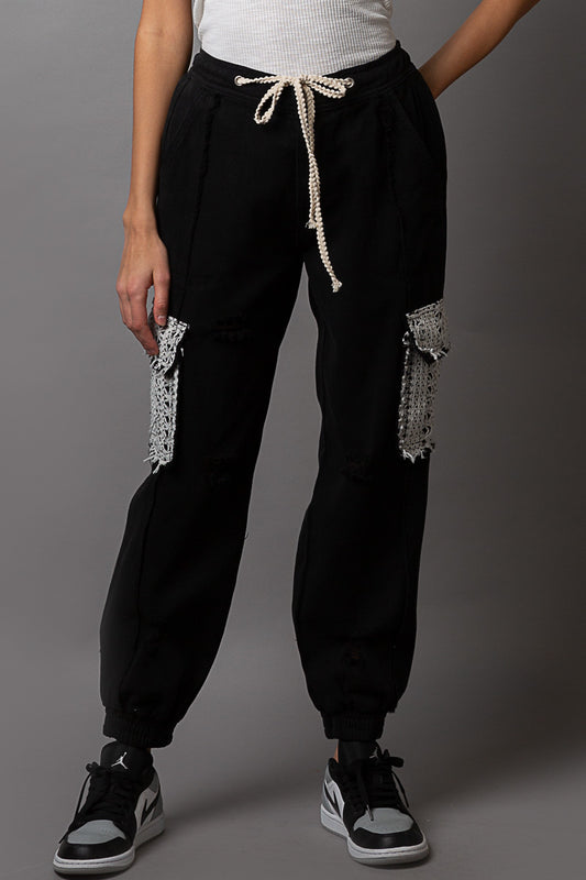 BLACK JOGGER DENIM PANTS WITH CROCHET  LACE POCKET