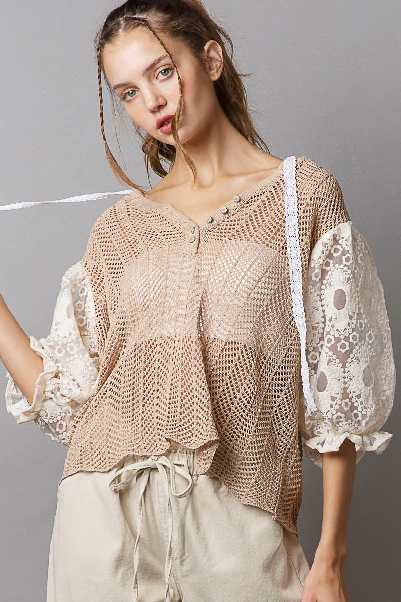 MOCHA MULT BALLOON SLEEVE HOODIE TOP WITH LACE SLEEVE