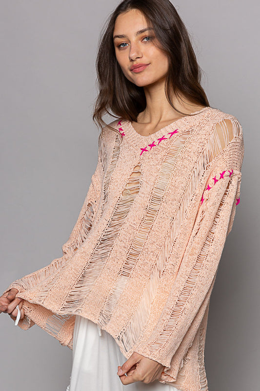 PEACH DISTRESSED VNECK TOP