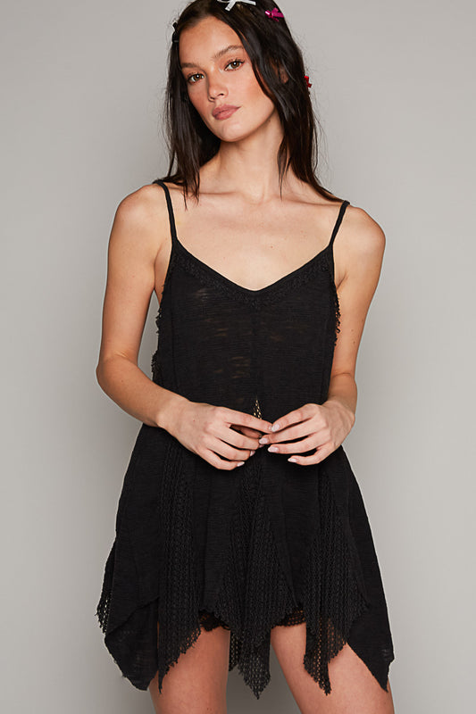 BLACK SLUB CROCHET PANEL TANK