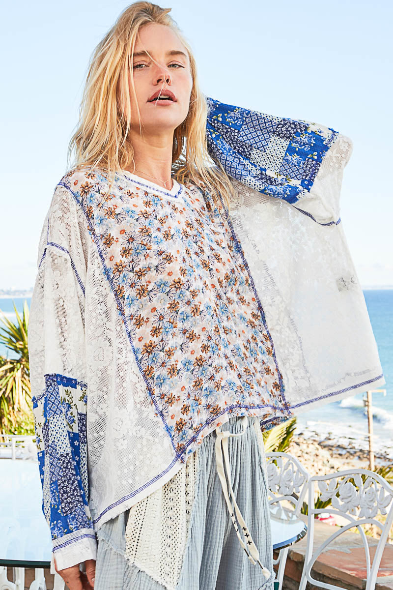 BLUES CROCHET LACE FLORAL OVERSIZED TOP