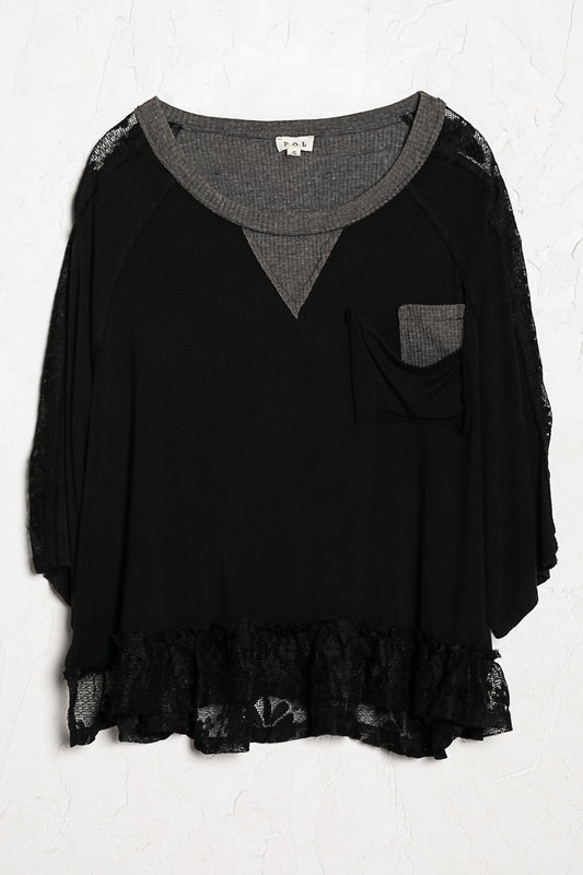 BLACK RAGLAN SLEEVE TOP WITH LACE