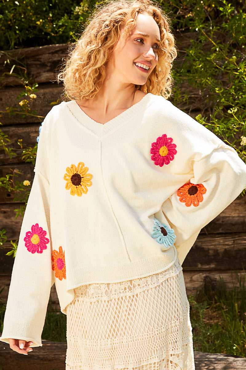 CHENILLE FLOWER PATCH SWEATER