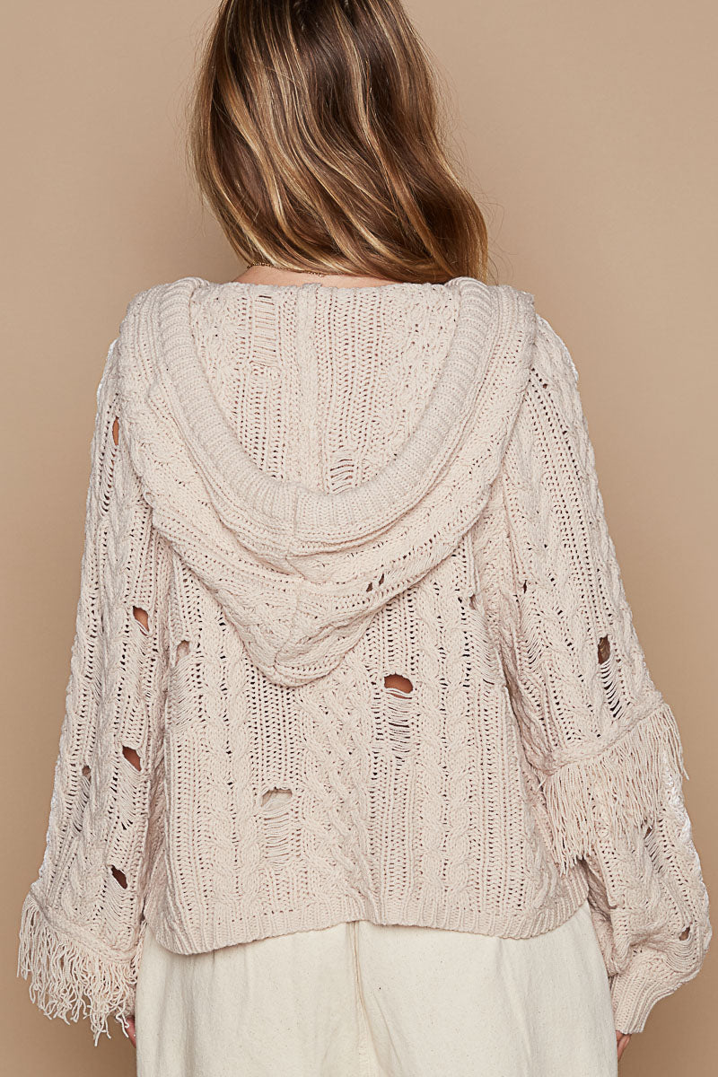 LATTE HOODIE FRAYED AND DISTRESSED SWEATER