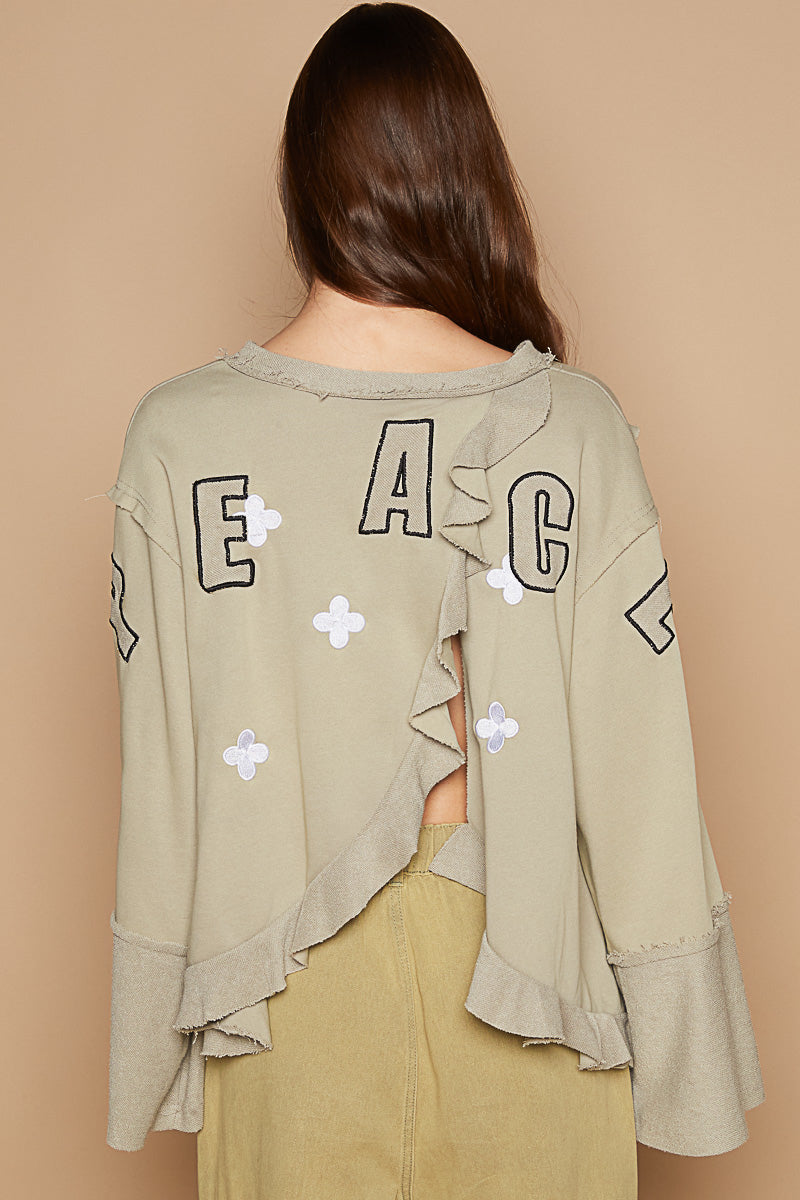 PEACE EMBROIDERED TOP IN WHEAT GRASS