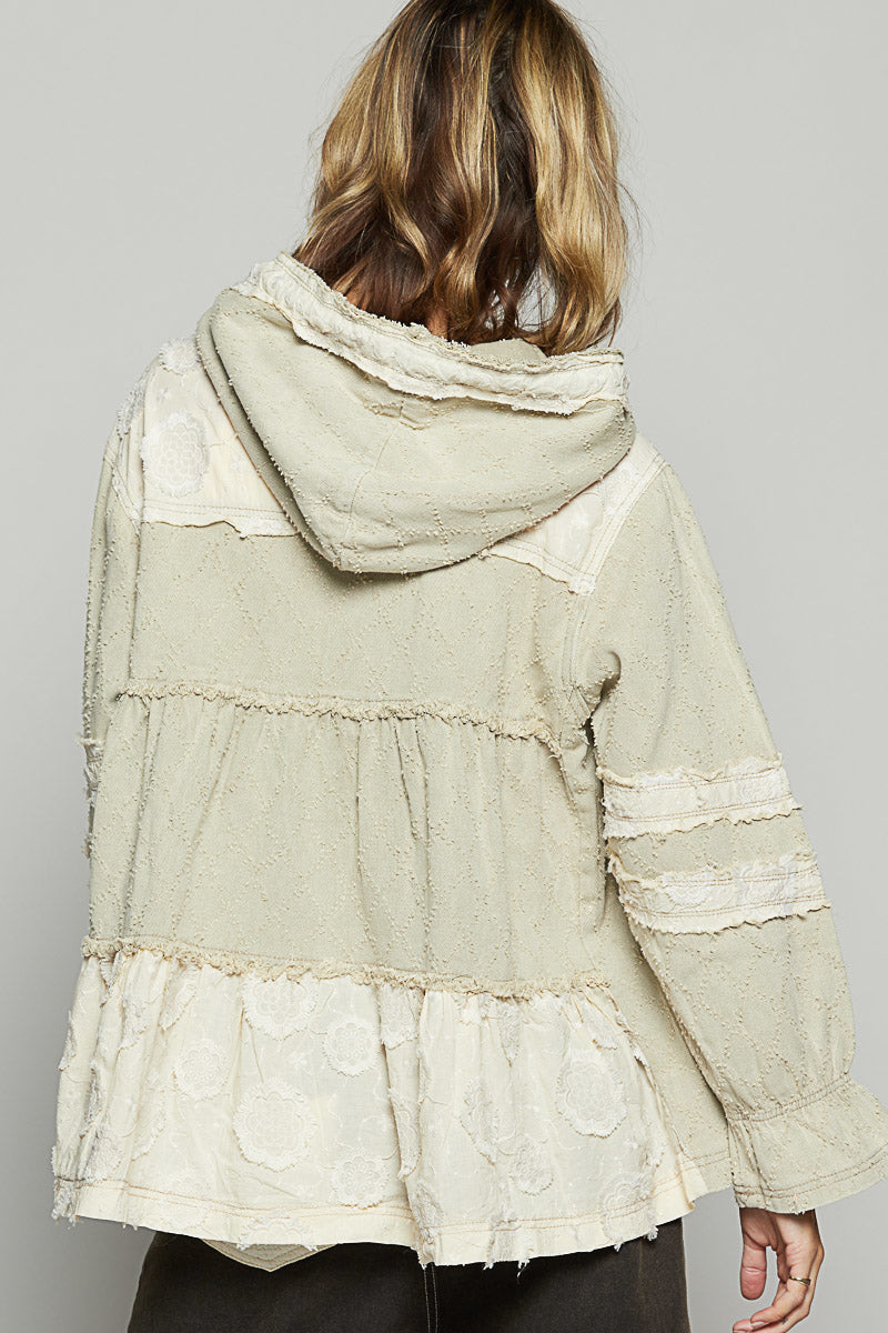 BEIGE ALINE ZIP UP HOODIE WITH LACE