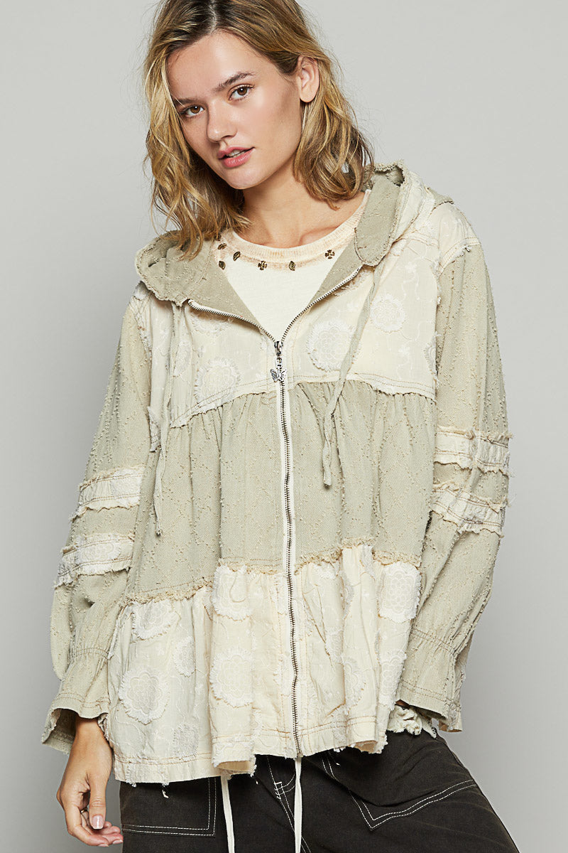 BEIGE ALINE ZIP UP HOODIE WITH LACE