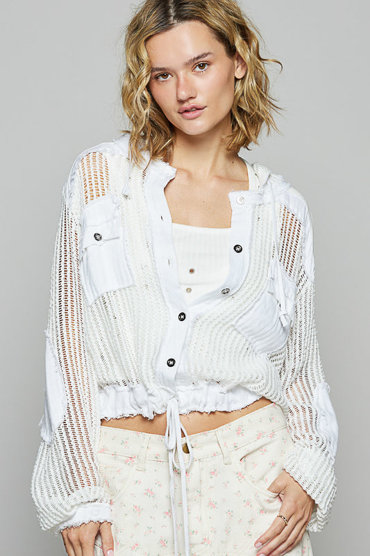 WHITE HOODIE TOP WITH FRAYED EDGE