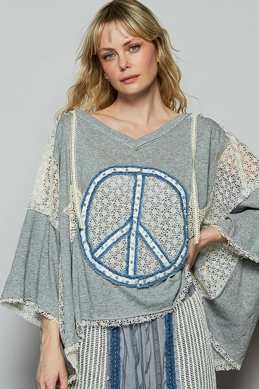 PEACE CROCHET PATCHED TOP IN GREY