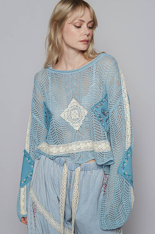 CLEAR SKY GAUZE AND EMBROIDERED  TOP