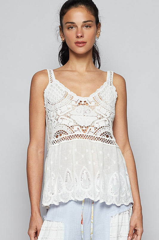 WHITE CROCHET FLORAL TANK O/S