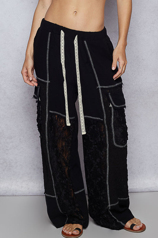 BLACK LACE PATCH PANTS