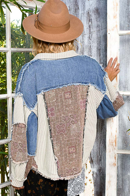 DENIM AND OATMEAL BALLOON SLEEVED THERMAL JACKET